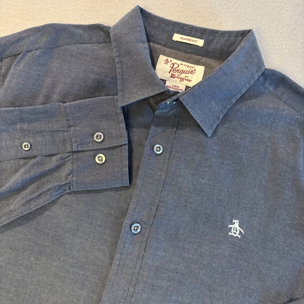 Original Penguin Mens Classic Fit Long Sleeve Button Down Shirt Blue Large